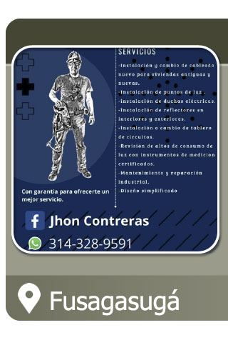 Electricista en Fusagasugá, Fusa, Cundinamarca. Revisión interna de instalaciones eléctricas residenciales, industriales y comerciales por aumento de consumo de energía en el recibo o factura de las empresas de energía. Electricista John Jairo Contreras Sierra. Electricistas, eléctricos y trabajos de electricidad en Bogotá y Colombia
